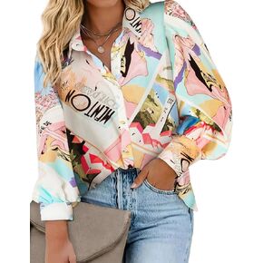 IN'VOLAND Womens Plus Size Button Down Shirts Print Long Sleeve Blouses Boho Floral Shirts Hawaiian Shirts Work Office Tops