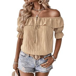 Verdusa Women's Ruffle Trim Off Shoulder Tie Front Short Sleeve Blouse Top