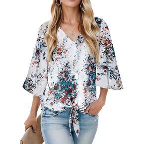 Womens 3/4 Sleeve Tops V Neck Floral Print Tie Front Tops Loose Fitted Boho Summer Blouse Shirt