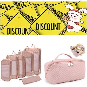 Expandable Compression Packing Cubes for Suitcases (Pink) & Makeup Bag Cosmetic Bag (Pink)