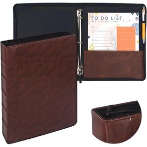 Ring Binder Depot Faulkner Vintage Professional 3 Ring Zipper Binder Organizer, 1.5 Inch Round Rings, 8.5 x 11 Sheet Size, 2 Inner Pockets, 1.6 Spine, Appearance of Antique Brown Leather, Pen Included