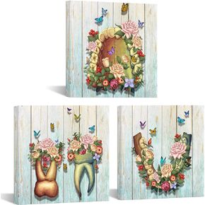 DuoBaorom 3 Pieces Dental Art Anatomy Human Teeth Flower Butterflies Picture Wall Art for Dental Clinic Dentistry Office Medical Decor Stretched Ready to Hang 12x12inchx3pcs