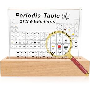 Periodic Table with Real Elements Inside,Acrylic Periodic Table Display with 83 Real Elements Samples with Wooden Stand,Craft,Teaching Tool,Gift for Kid,Students,Teacher,Science Lovers Amber Base