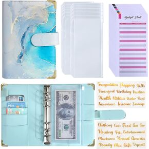 Budget Binder with Zipper Envelopes, A6 Money Organizer for Cash with 12PCS Cash Envelopes, 12PCS Budget Sheets, 28 PCS Categories Sticker Labels, Budget Envelopes,Money Envelopes for Cash(Blue)