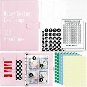 Onlyesh Budget Binder,100 Envelopes Money Saving Challenge Binder,Money Saving Binder,Savings Challenges Binder to Save $5,050,A5 Savings Challenges Book with Envelopes(Pink)