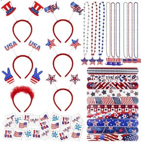 4th of July Accessories Patriotic Party Favors Supplies - 6 Headbands, 9 Necklaces, 20 Slap Bracelet and 20 Temporary Tattoos for Fourth of July Party Decorations, Independence Day, Memorial Day