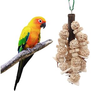Wood Hanging Bird Toy Natural Parrot Toys with Wood Blocks for Bird Chewing, Exercise Beak Strength, for Small and Medium Size Parrot Bird Cage Use