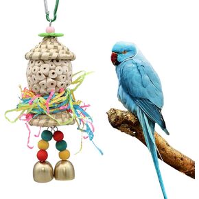 Bird Chewing Toy Parrot Hanging Toy Natural Material Colorful with Bell for Bird Exercise Beak Strength, Suit for Small Medium Bird Cage