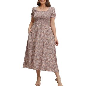 Younrui Women's 2024 Summer Casual Dress Plus Size Smocked Midi Calf Length Puff Sleeve Floral Dresses with Pockets