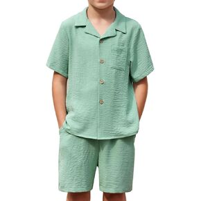 Arshiner Boys 2 Pieces Summer Beach Outfits Short Sleeve Button Down Shirts and Shorts Vacation Texture Sets for Kids in Kuwait