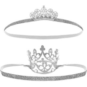 2PCS Silver Baby Tiara Glitter Baby Crown Baby Crown Headband Crystal Crown Hair Belt for Little Girl Infant Princess Tiaras Birthday Elastic Hair Band for Photography Headband Props