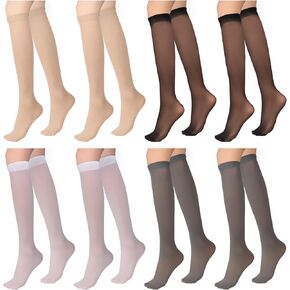 Mozeat Lens 8 Pairs Sheer Knee High Stockings for Women, Lady's Nylon Lace Trouser Socks Women's Knee High Socks Dress Socks Black, White, Grey, Skin Color