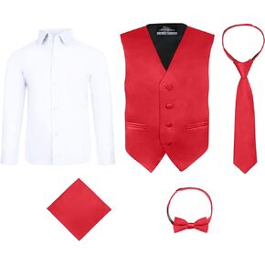 S.H. Churchill & Co. Boys Red 5 Piece Vest Set with White Dress Shirt - Includes Bow Tie, Long Tie, Pocket Hanky - Size 3T