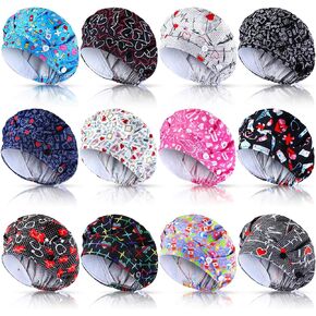 Bunnycool 12 Pcs Scrub Caps Women Adjustable Bouffant Caps with Button and Sweatband Working Nursing Caps Medical Caps Multicolor
