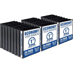 Samsill Economy 1 Inch 3 Ring Binder, Made in the USA, Round Ring Binder, Customizable Clear View Cover, Black, 24 Pack (MP248530)