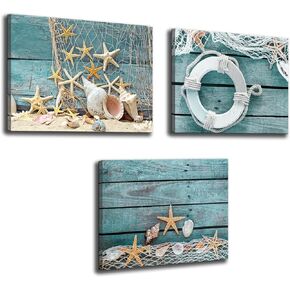 Biuteawal- 3 Piece Canvas Wall Art Starfish Shell on Teal Board Painting Prints Beach Nature Picture Canvas Artwork for Home Kitchen Bathroom Living Room Wall Decor Ready to Hang