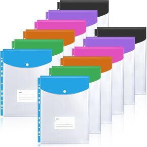 DLOnline 12 Pack Binder Pocket Expandable Folders 11 Holes Plastic Envelopes for 2/3/4 Ring Binder A4/Letter Document Pouch for School Home Office (Vertical-Opening) in Kuwait
