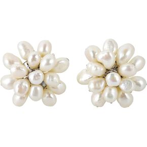 AeraVida Large Cultured Freshwater White Pearl Floral Cluster Stylish Clip On Statement Earrings | Beaded Pearl Earrings for Women | Handmade Cultured Freshwater Pearls Earrings