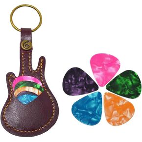 Leather Guitar Picks Case Guitar Pick Holders with Keyring Guitar Plectrums Bag for Guitar Pick Bag with 5Pcs Plectrums Gift(Black)