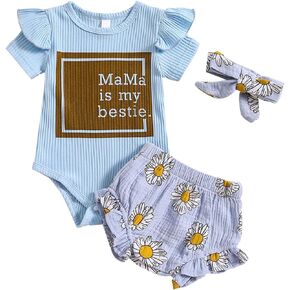 Hnyenmcko Newborn Baby Girl Summer Outfits Fly Sleeve Letters Romper Floral Shorts Headband 3pcs Baby Clothes Set