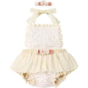 IDOPIP Baby Girls Boho 1st Birthday Outfit Floral Lace Romper Backless Bodysuit Dress with Headband 2PCS Cake Smash Clothes