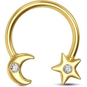 COCHARM Gold Septum Rings 16g, Star and Moon Septum Jewelry Horseshoe Septum Piercing 8mm 10mm Dainty Horseshoe Septum Rings Horseshoe Daith Earring Hoop