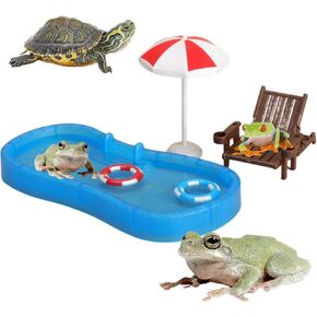 Tree Frog Tank Accessories - Novelty Pool Theme Set Turtle Habitat Decoration Reptile Water Food Bowl for Amphibian Aquatic Frog Toad Lizard Leopard Gecko Hermit Crabs Snake Spider Scorpion (Pool Set)
