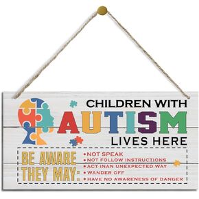 Autism Signs, Decorative Wood Hanging Wood Plaque, Rustic Autism Door Hanger, Autism Awareness Home Decor, Autism Acceptance, Autistic Support Decorative Plaque, Children with Autism Live Here in Kuwait