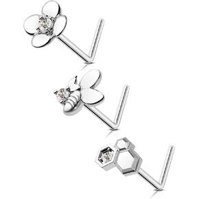 Minimalist Flower 3Pcs Nose Rings Studs 20G L Shaple Nose Studs Cute Bee 7MM Barbell Nose Piercing Jewelry Stainless Steel