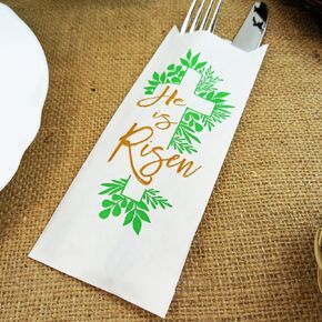 Easter He Is Risen White Kraft Paper Silverware Bags - Utensil Holders For Easter Decorations Home Church Party - Silverware Holder Bag - Pocket Sleeves - Flat 2.8" x 7.5" - Pack of 50