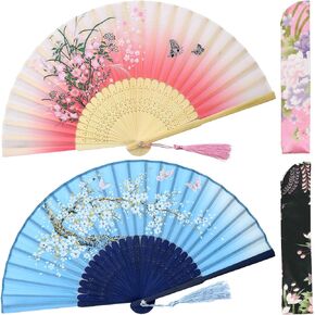 OMyTea Folding Hand Fans for Women - Chinese Japanese Vintage Bamboo Silk Fans - for Hot Flash, EDM, Music Festival, Party, Dance, Performance, Decoration, Gift (Blue Sakura & Pink Grassflower)