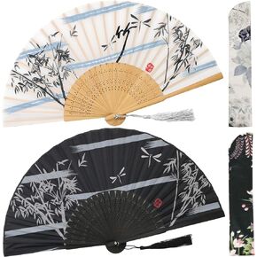 OMyTea Folding Hand Fans for Women - Chinese Japanese Vintage Bamboo Silk Fans - for Hot Flash, EDM, Music Festival, Party, Dance, Performance, Decoration, Gift (Blue Sakura & Pink Grassflower)