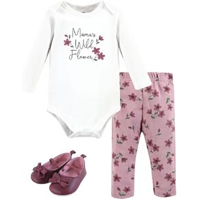 Hudson Baby Unisex Baby Cotton Bodysuit, Pant and Shoe Set, Plum Wildflower, 3-6 Months