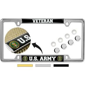 [Officially Licensed Product] - U.S. Army Veteran - Domed Custom-Made Personalized Narrow (Thin) Top 4 Hole Metal Car License Plate Frame with Free caps - Black (Quantity: 1 Frame)