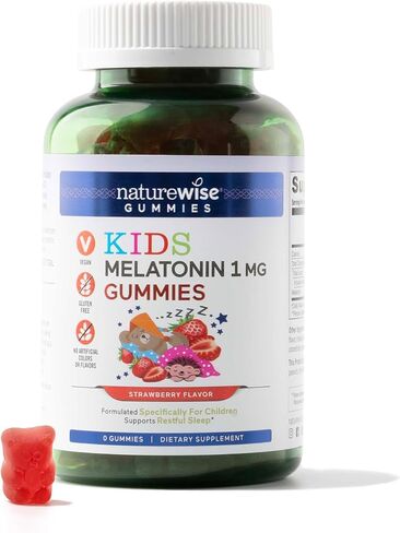 Naturewise Kids Melatonin Gummy 1 mg - Occasional Sleep Support Supplement - Drug-Free Sleep Aid for Kids Ages 4 & Up - Strawberry Flavored - Vegan, Gluten Free, Non-GMO - 60 Gummies[2-Month Supply] in Saudi Arabia