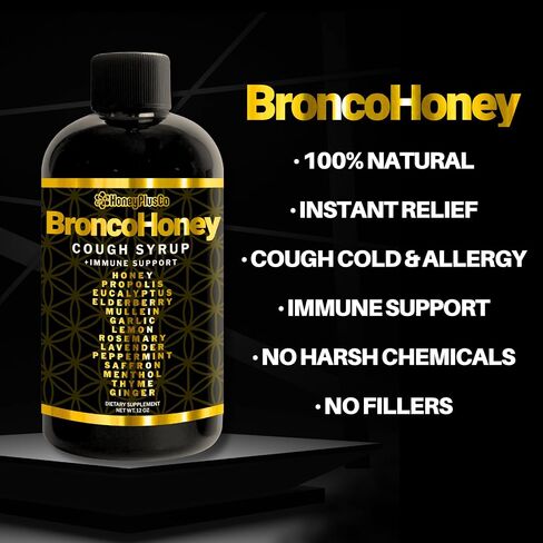 BroncoHoney - Natural Honey Cough Relief +Immune Support - (Reinforced with Propolis, Garlic, Lemon, Mint, Eucalyptus & More for Cough, Cold, Allergy) - 6 Oz in Saudi Arabia