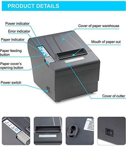 POS Thermal Receipt Printer, USB Ethernet LAN Serial Connection, with auto-Cutter, Restaurant Printer, 3 1/8 80mm, Support Windows ESC/POS, RJ11RJ12 Cash Drawer in Saudi Arabia