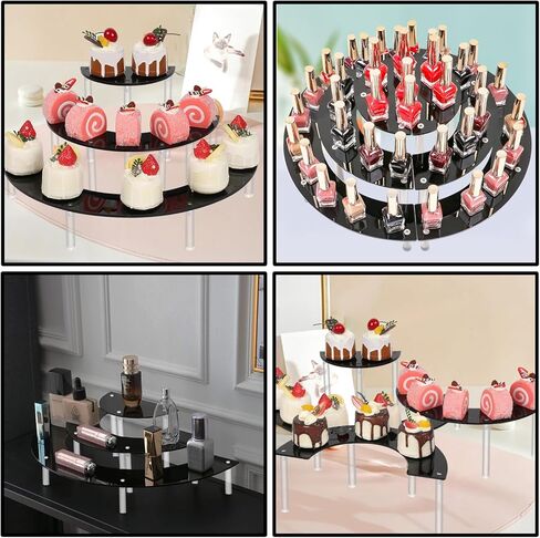 GGOUPTY الاكريليك الناهضون عرض موقف 3 الطبقة السوداء الحلوى الجدول عرض مجموعة نصف القمر الاكريليك حامل كب كيك لمجموعات العرض المتنوعة in Kuwait