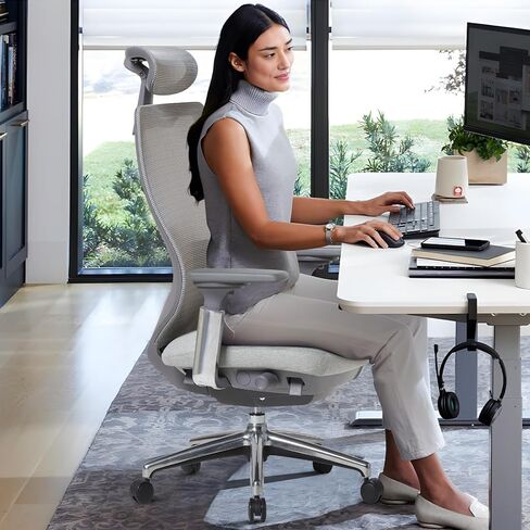 كرسي مكتب شبكي مريح، كرسي مكتب تنفيذي للكمبيوتر عالي الظهر مع مسند رأس قابل للتعديل وأذرع رباعية الأبعاد، مقعد منزلق، قفل إمالة - رمادي فاتح in Kuwait