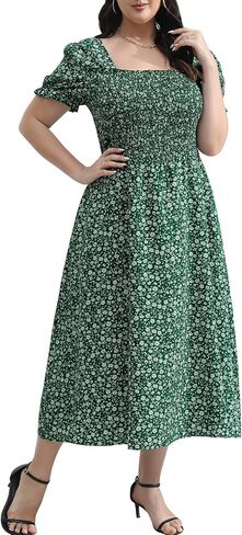 Younrui Women's 2024 Summer Casual Dress Plus Size Smocked Midi Calf Length Puff Sleeve Floral Dresses with Pockets in Saudi Arabia