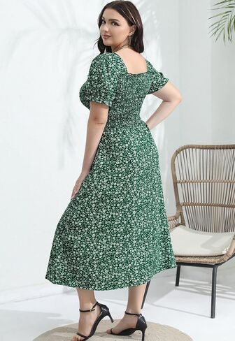 Younrui Women's 2024 Summer Casual Dress Plus Size Smocked Midi Calf Length Puff Sleeve Floral Dresses with Pockets in Saudi Arabia