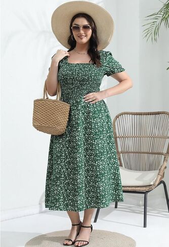 Younrui Women's 2024 Summer Casual Dress Plus Size Smocked Midi Calf Length Puff Sleeve Floral Dresses with Pockets in Saudi Arabia