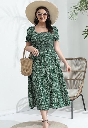 Younrui Women's 2024 Summer Casual Dress Plus Size Smocked Midi Calf Length Puff Sleeve Floral Dresses with Pockets in Saudi Arabia