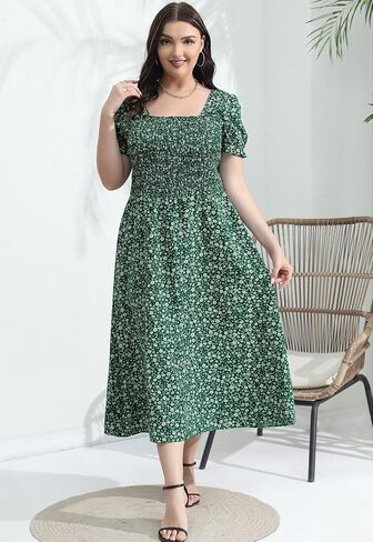 Younrui Women's 2024 Summer Casual Dress Plus Size Smocked Midi Calf Length Puff Sleeve Floral Dresses with Pockets in Saudi Arabia