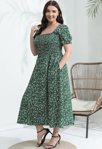 Younrui Women's 2024 Summer Casual Dress Plus Size Smocked Midi Calf Length Puff Sleeve Floral Dresses with Pockets in Saudi Arabia