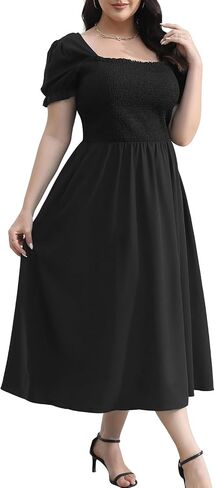 Younrui Women's 2024 Summer Casual Dress Plus Size Smocked Midi Calf Length Puff Sleeve Floral Dresses with Pockets in Saudi Arabia