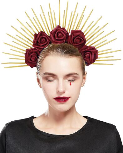 Fantherin Halo Crown with Roses Womens Mexican Flower Goddess Rose Spiked Sun Headpiece for Cosplay Halloween Costume in Saudi Arabia