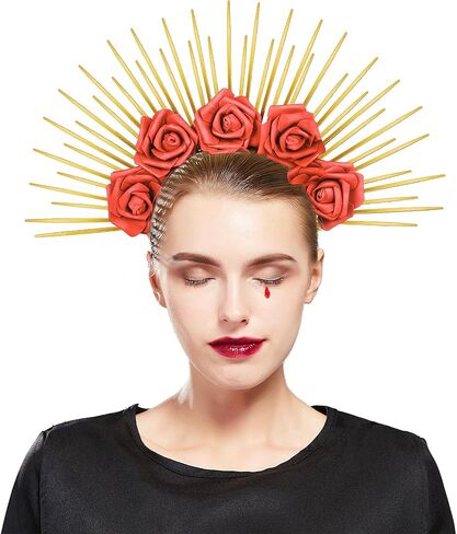 Fantherin Halo Crown with Roses Womens Mexican Flower Goddess Rose Spiked Sun Headpiece for Cosplay Halloween Costume in Saudi Arabia