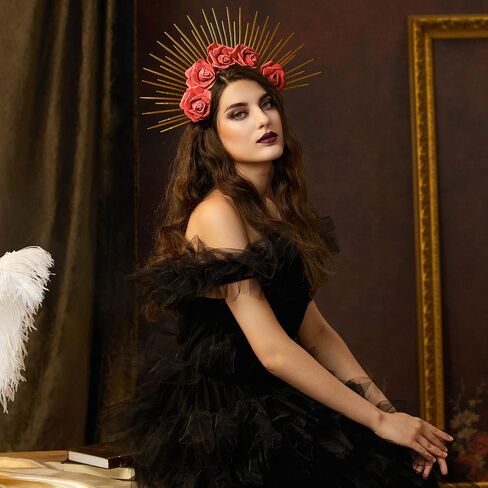 Fantherin Halo Crown with Roses Womens Mexican Flower Goddess Rose Spiked Sun Headpiece for Cosplay Halloween Costume in Saudi Arabia