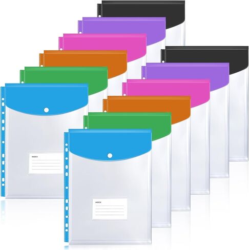 DLOnline 12 Pack Binder Pocket Expandable Folders 11 Holes Plastic Envelopes for 2/3/4 Ring Binder A4/Letter Document Pouch for School Home Office (Vertical-Opening) in Kuwait